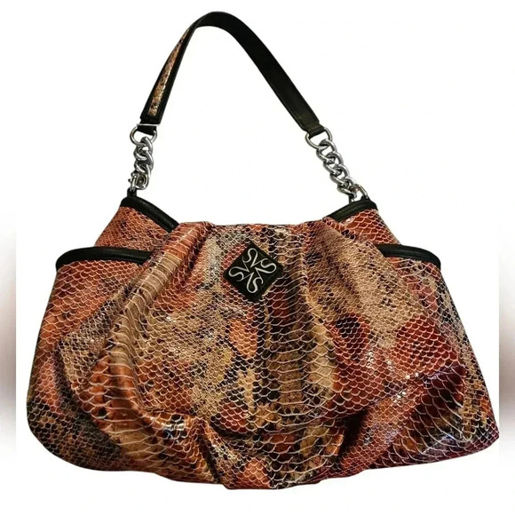 Simply Vera Wang Faux Leather Snakeskin Print Bohemian Satchel OS - Picture 1 of 5